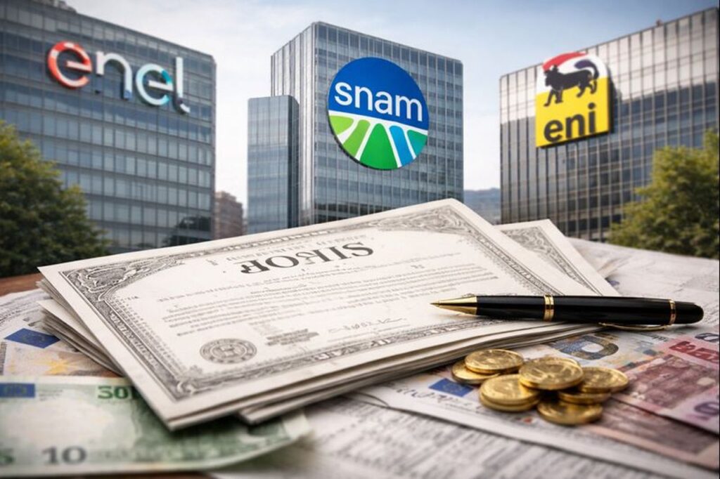 Obbligazioni, monete e banconote in primo piano. Sullo sfondo dei palazzi con i loghi di enel, snam ed eni