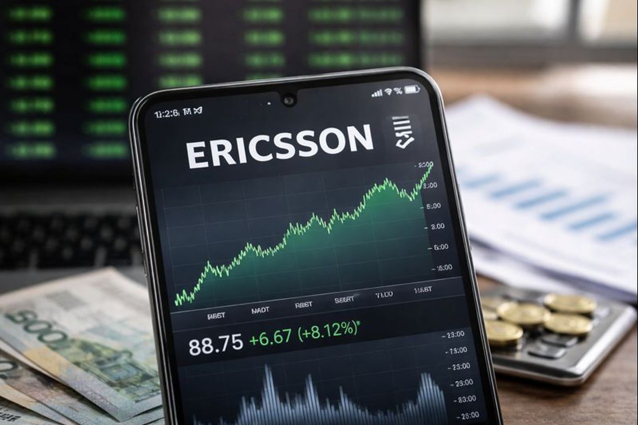 Uno smartphone che mostra l'andamento del titolo Ericsson