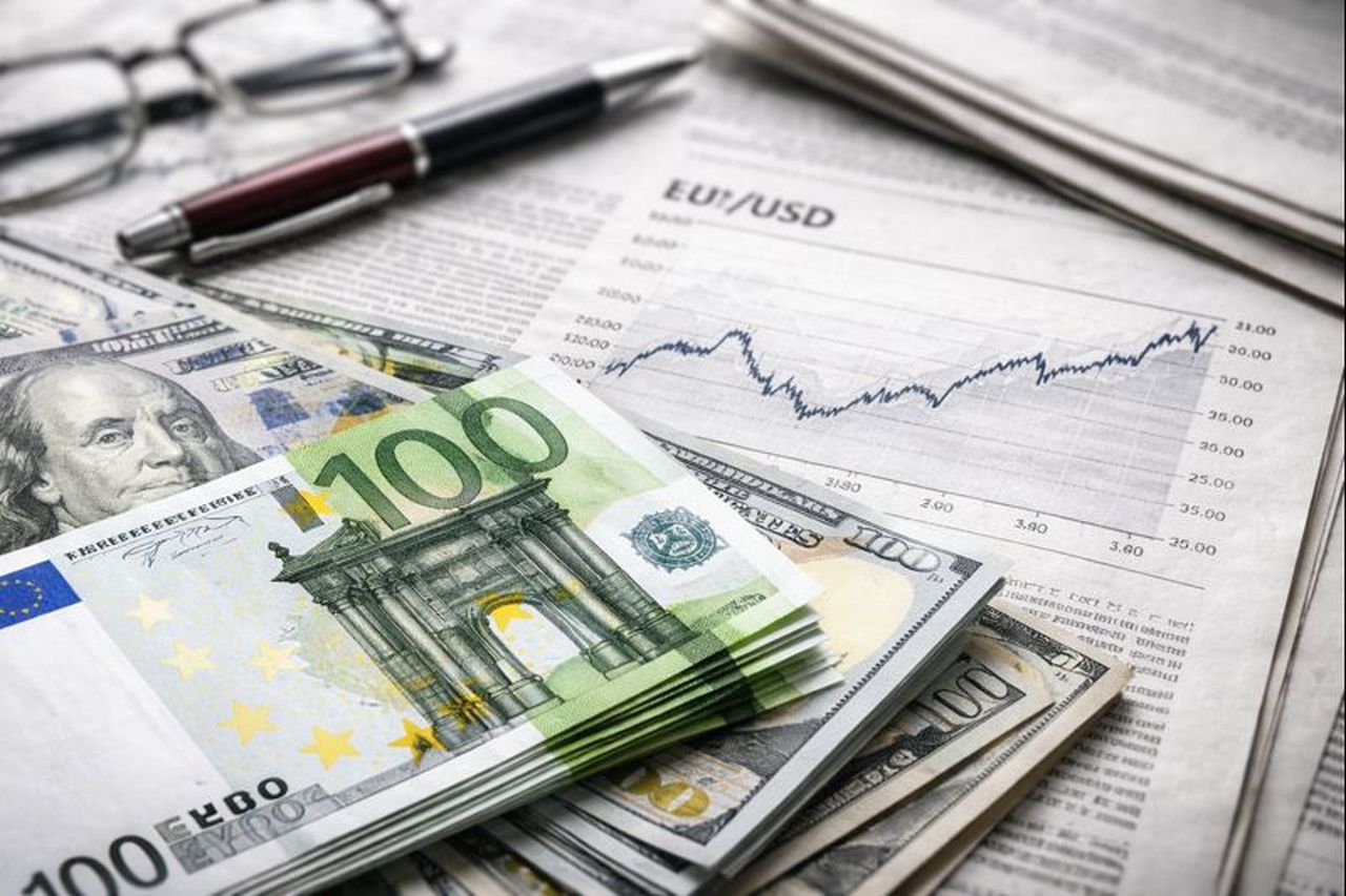 Una mazzetta di banconote da 100 euro poggiata su banconote in dollari e fogli con grafici finanziari