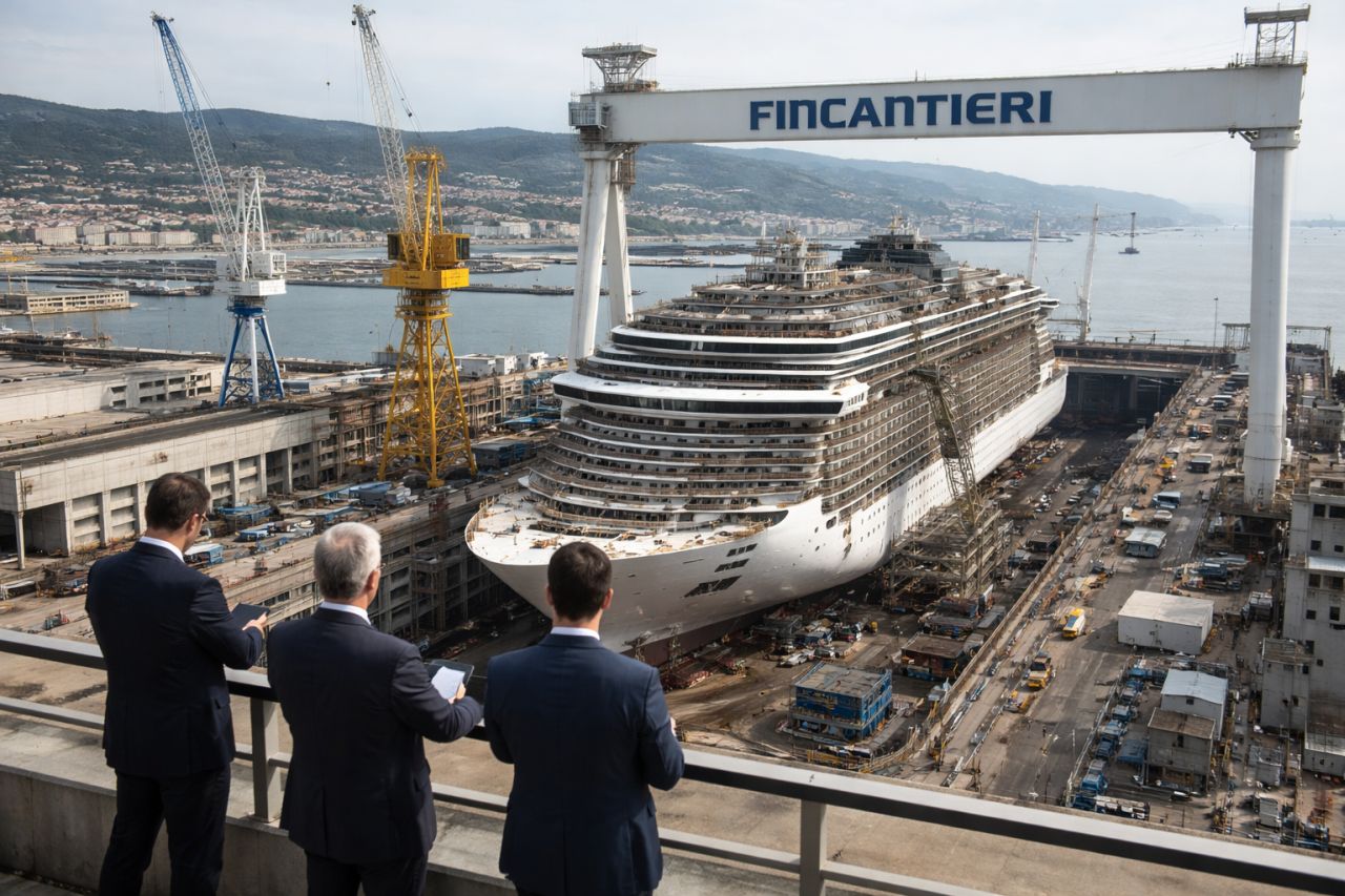 Un cantiere navale con una grande imbarcazione e il logo Fincantieri in alto