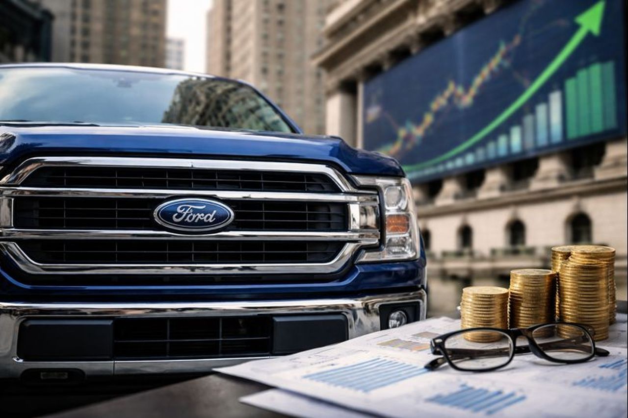 Il cofano di una Ford con il logo in bella vista. Monetine in primo piano e un grafico finanziario sullo sfondo