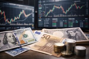 Banconote e monete in primo piano. Grafici finanziari sullo sfondo