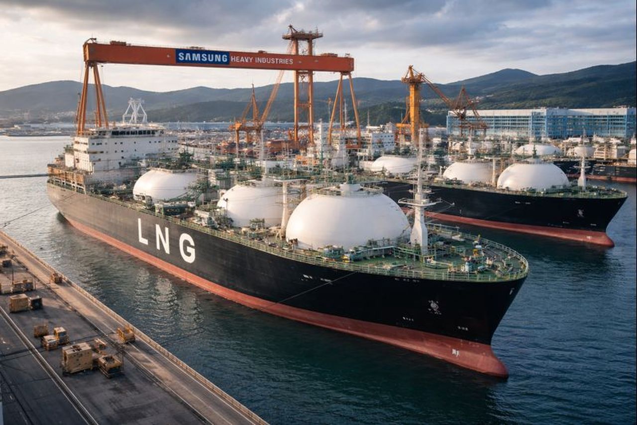 Una nave porta GNL ormeggiata in un porto industriale