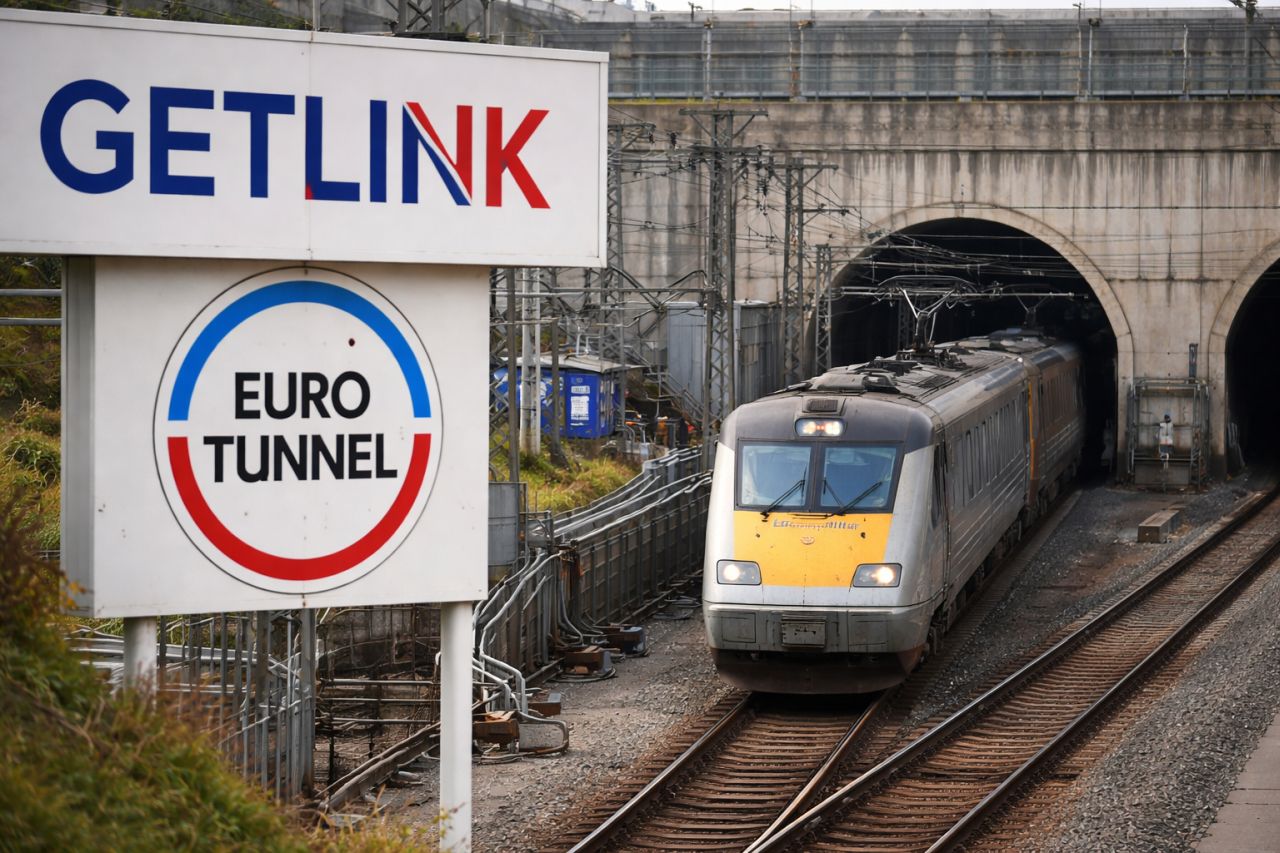 Un treno che attraversa un tunnel e in primo piano un'insegna con il logo GetLink