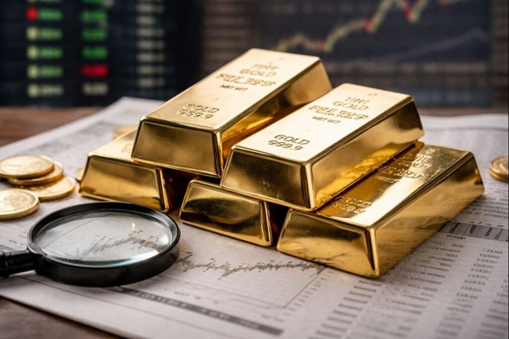 Alcuni lingotti d'oro poggiati su alcuni documenti. Sullo sfondo dei grafici finanziari