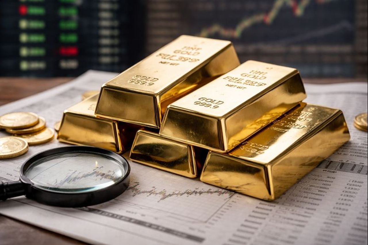 Alcuni lingotti d'oro poggiati su alcuni documenti. Sullo sfondo dei grafici finanziari