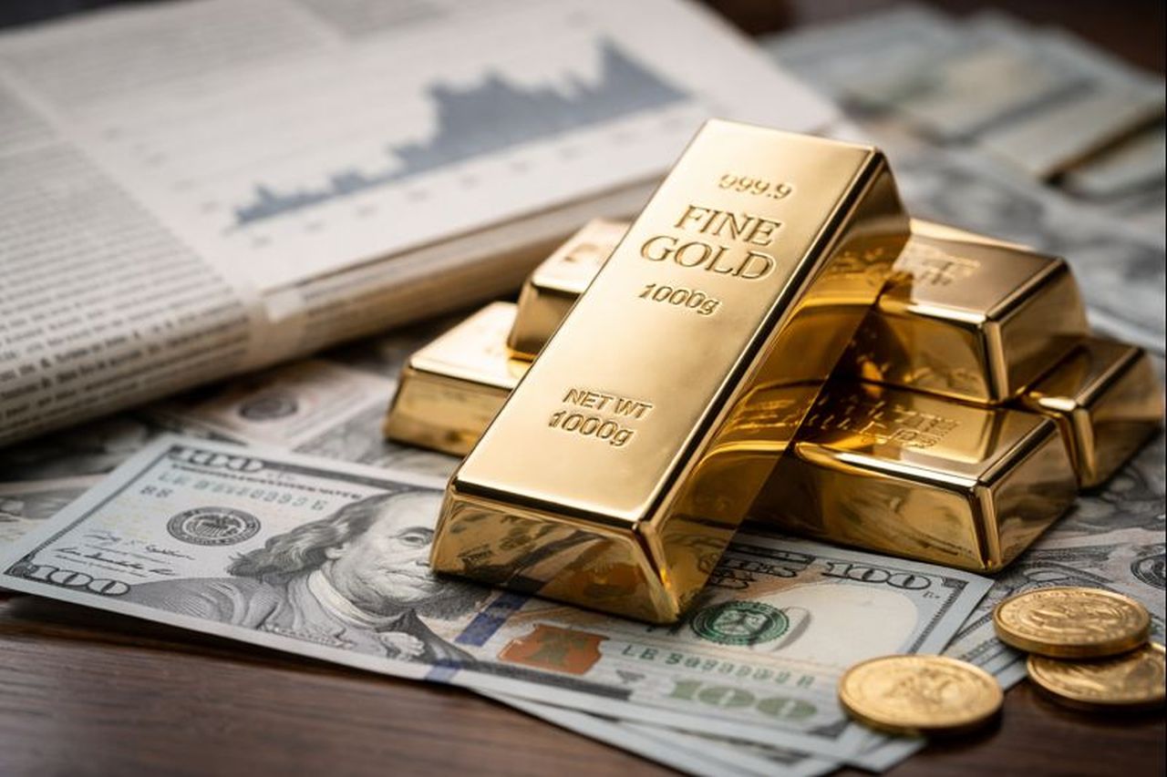 Lingotti d'oro poggiati su alcune banconote in dollari