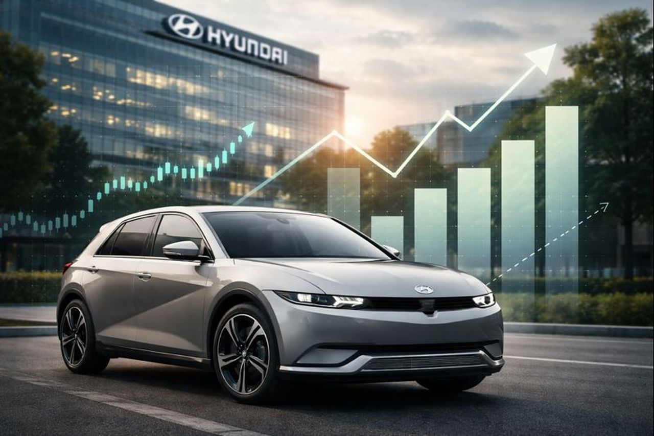 Un'automobile Hyundai con un grafico finanziario in trasparenza e sullo sfondo un edificio con il logo del marchio automobilistico giapponese