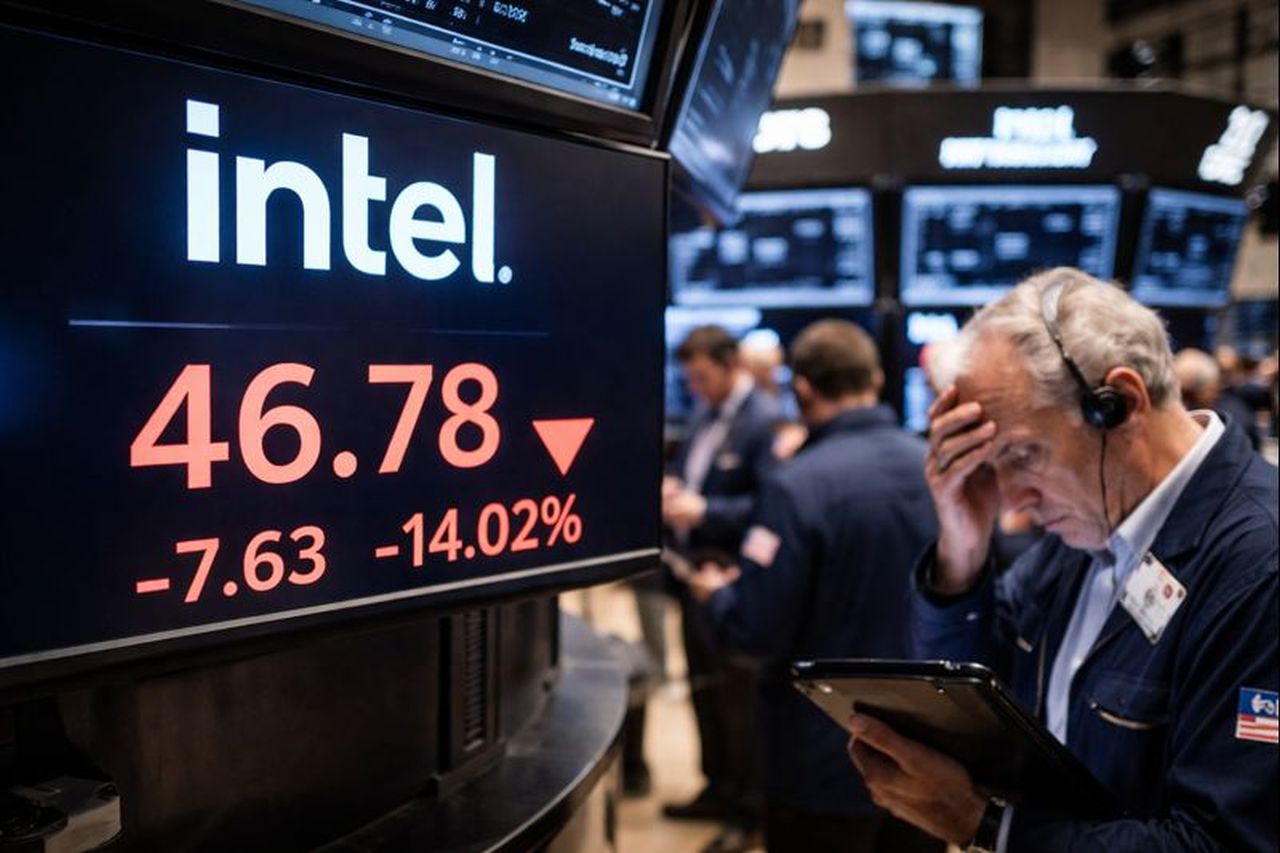 il logo intel su uno schermo con cifre sull'andamento del titolo. Alcuni trader che osservano i vari schermi presenti in questa sala di Borsa
