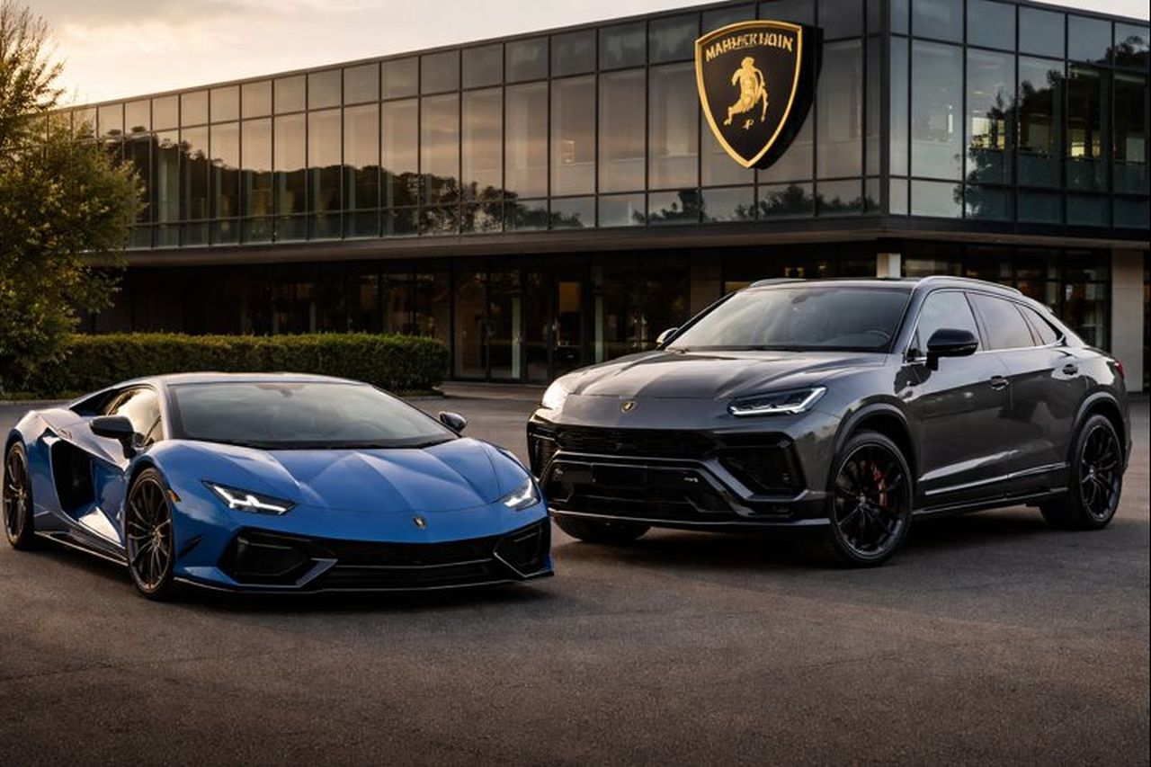 Due auto Lamborghini davanti a uno stabilimento