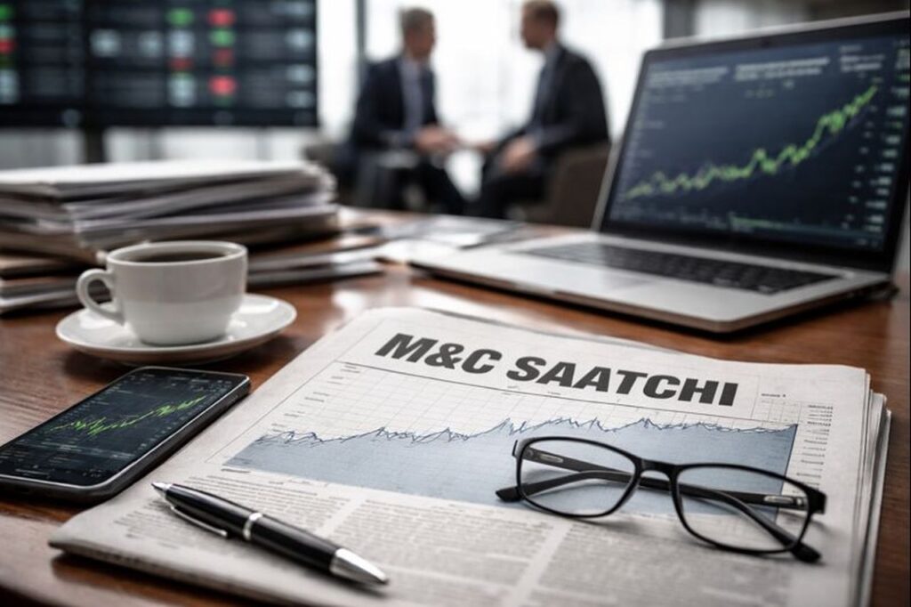 Un giornale con un paio di occhiali poggiati sopra. Sullo sfondo dei grafici finanziari