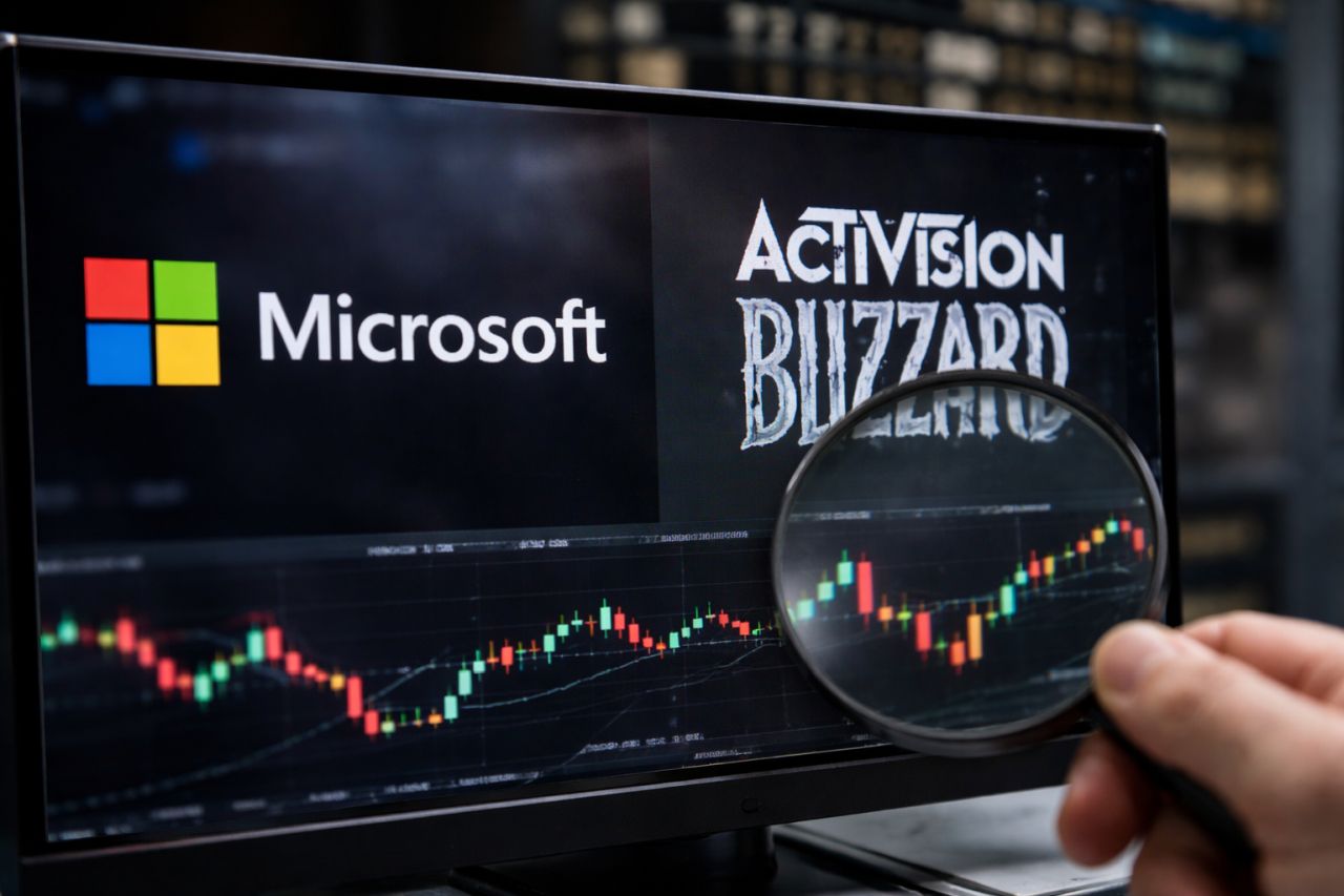 Uno schermo con il logo Microsoft a sinistra e il logo Activision Blizzard a destra. In basso un grafico a candele inquadrato da una lente di ingrandimento
