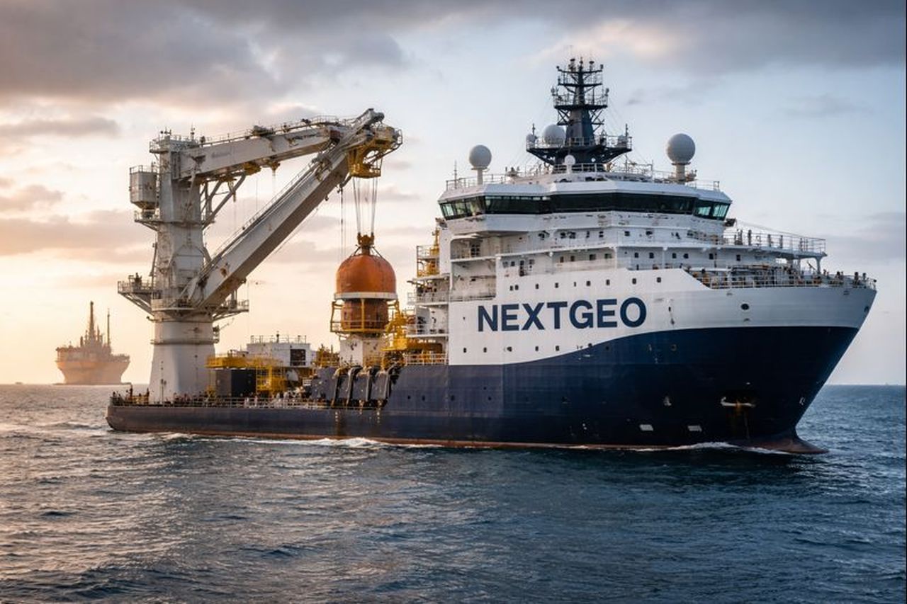 Una imbarcazione con la scritta NextGeo sulla fiancata