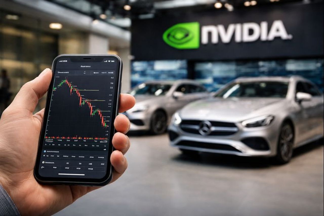 Logo Nvidia in alto all'interno di un autosalone. In primo piano un grafico finanziario su uno smartphone