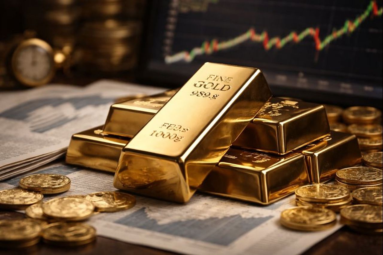 Lingotti d'oro con un grafico finanziario sullo sfondo