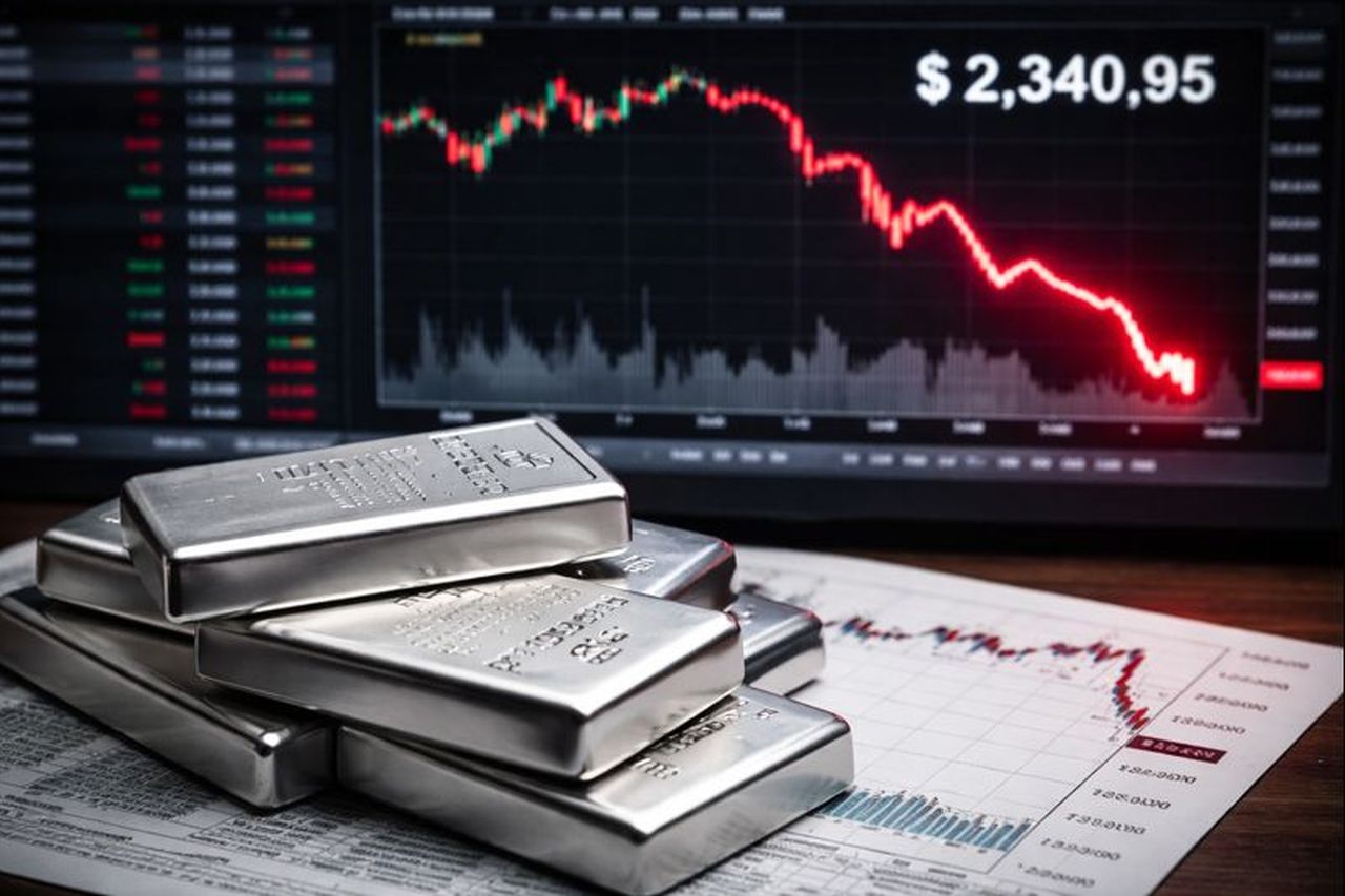 Lingotti di platino in primo piano con uno schermo con un grafico finanziario sullo sfondo