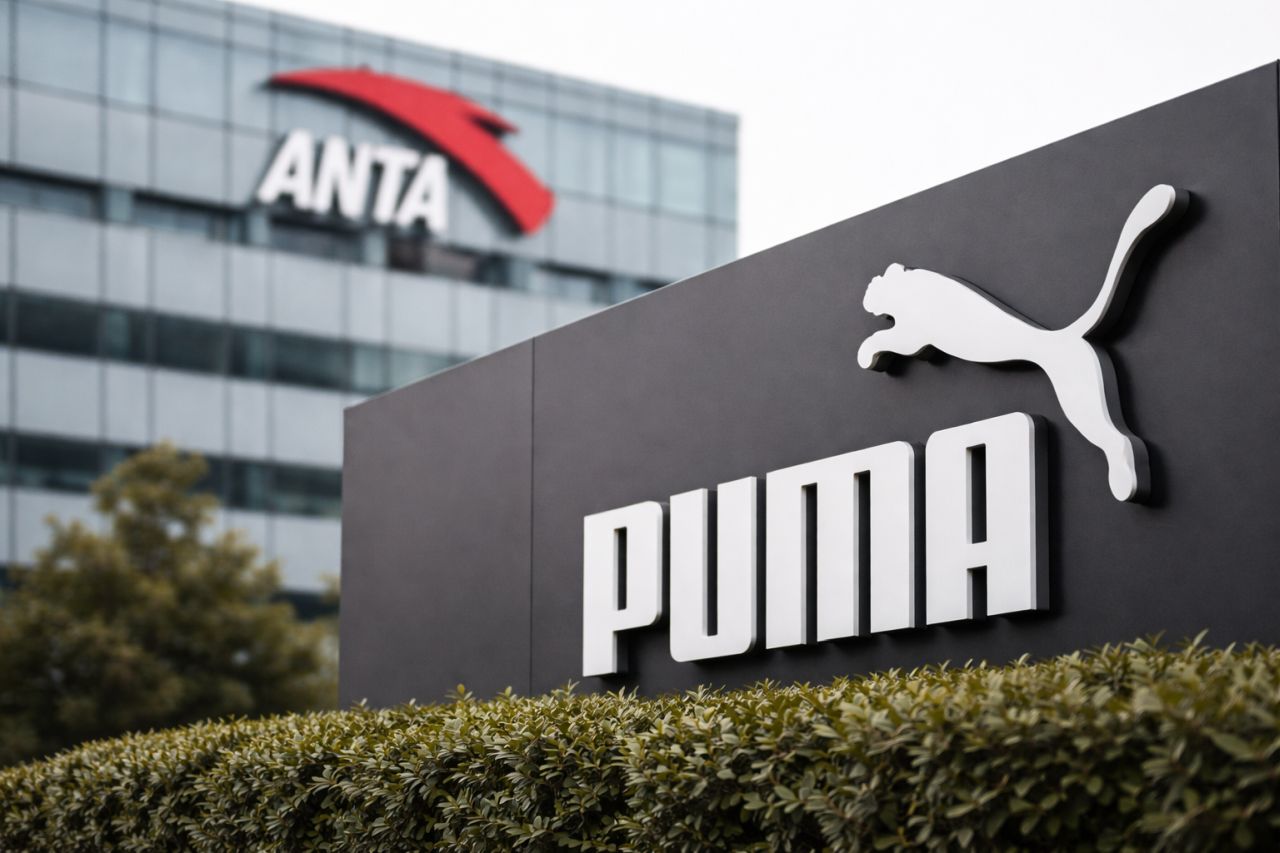 Logo Puma in primo piano e un palazzo sullo sfondo