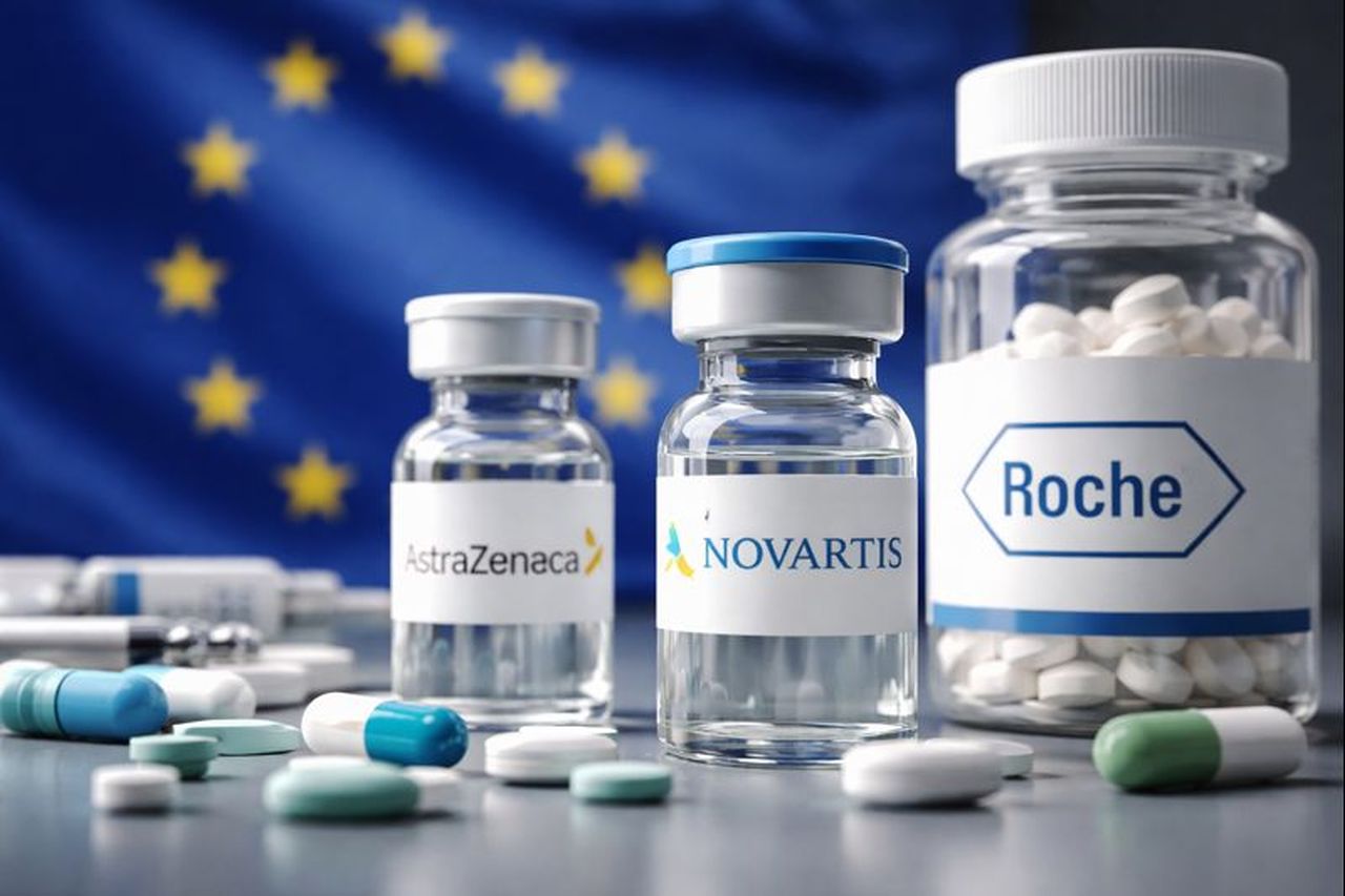 Le boccette di alcuni farmaci coi rispettivi marchi sull'etichetta. Sullo sfondo la bandiera dell'UE