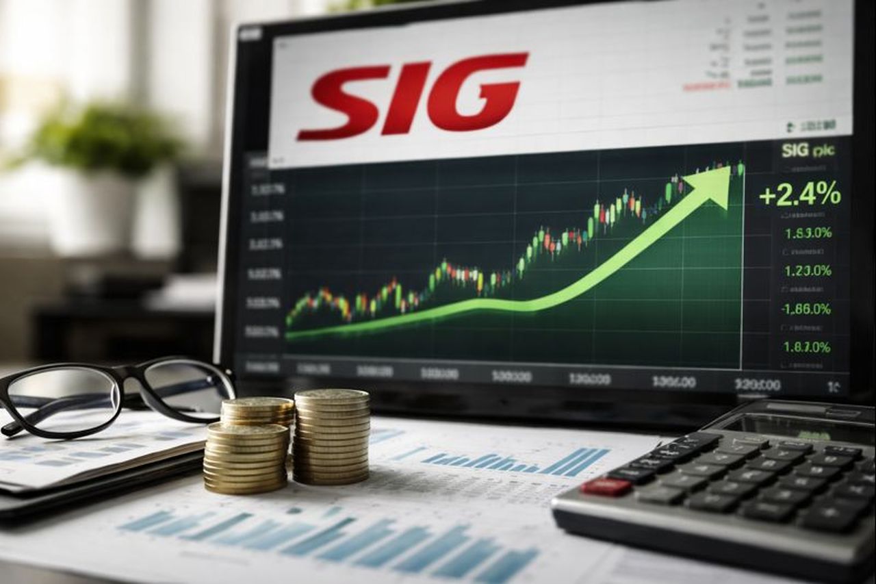 Uno schermo che mostra un grafico a candele con una freccia verde verso l'alto e il logo SIG