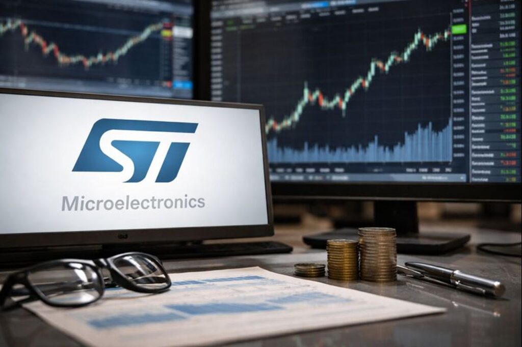 Lo schermo di un pc con il logo STM. Sullo sfondo altri schermi con grafici finanziari