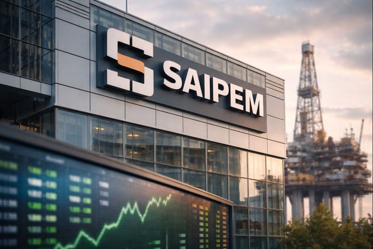 Logo Saipem in grande sulla parete di un edificio