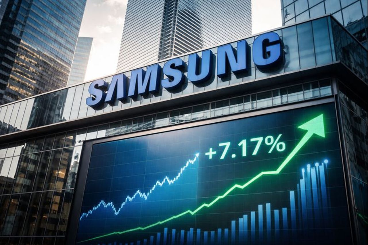 La scritta Samsung in grande sulla parete di un edificio e un grafico che indica il rialzo delle azioni sotto di essa