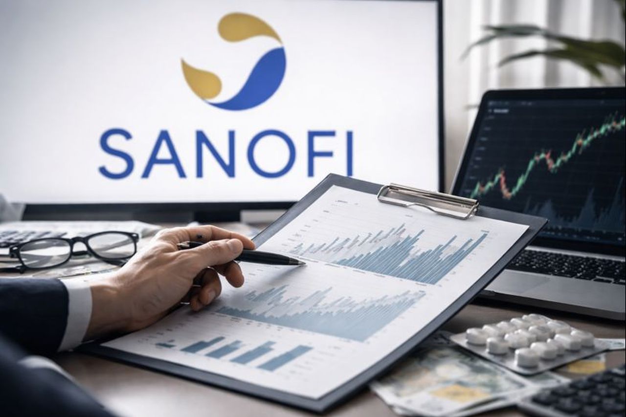 Logo Sanofi su uno schermo e una mano con una penna che indica dei grafici su un foglio