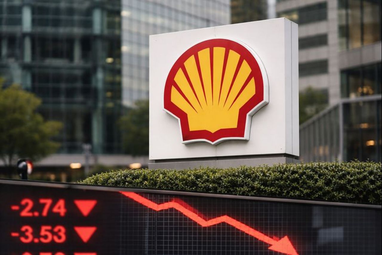 Il logo di Shell su una vetrata e un grafico finanziario con una freccia rossa in discesa sotto di esso