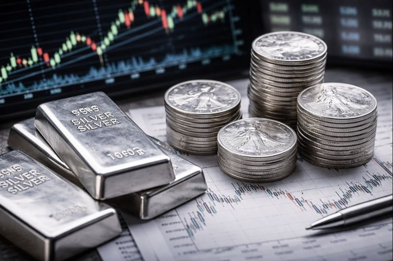 Lingotti d'argento e monete d'argento con dei grafici finanziari su uno schermo e su dei fogli