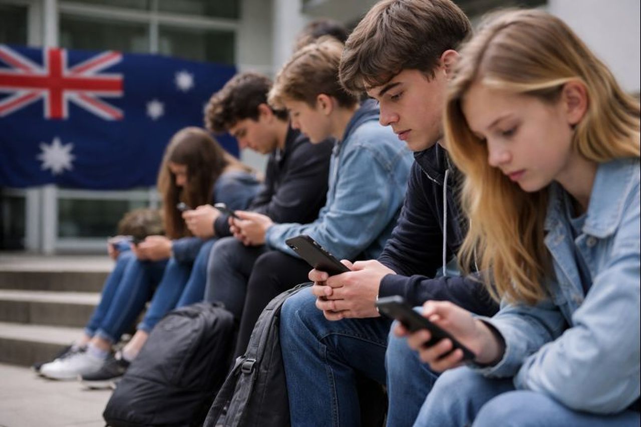 Un gruppo di giovani con dispositivi mobili in mano. Sullo sfondo la bandiera dell'Australia