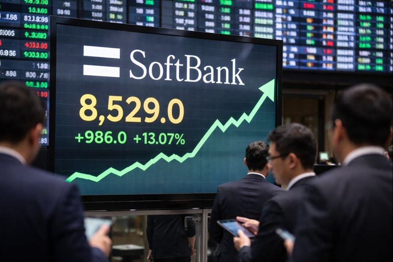 Uno schermo con l'andamento del titolo SoftBank e delle persone di spalle che lo stanno osservando