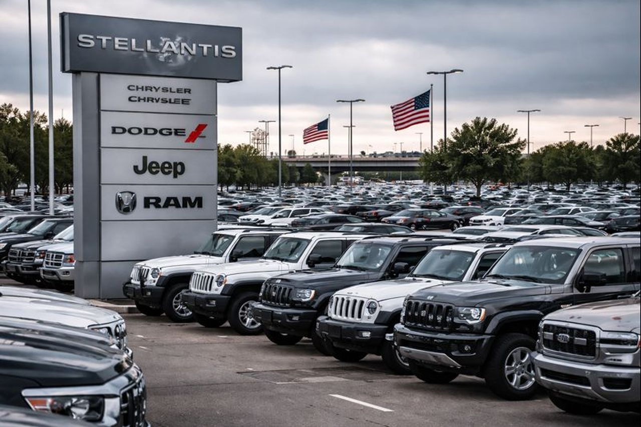 Un parco auto con le bandiere degli USA qua e là e un totem con la scritta Stellantis e i nomi di alcuni modelli