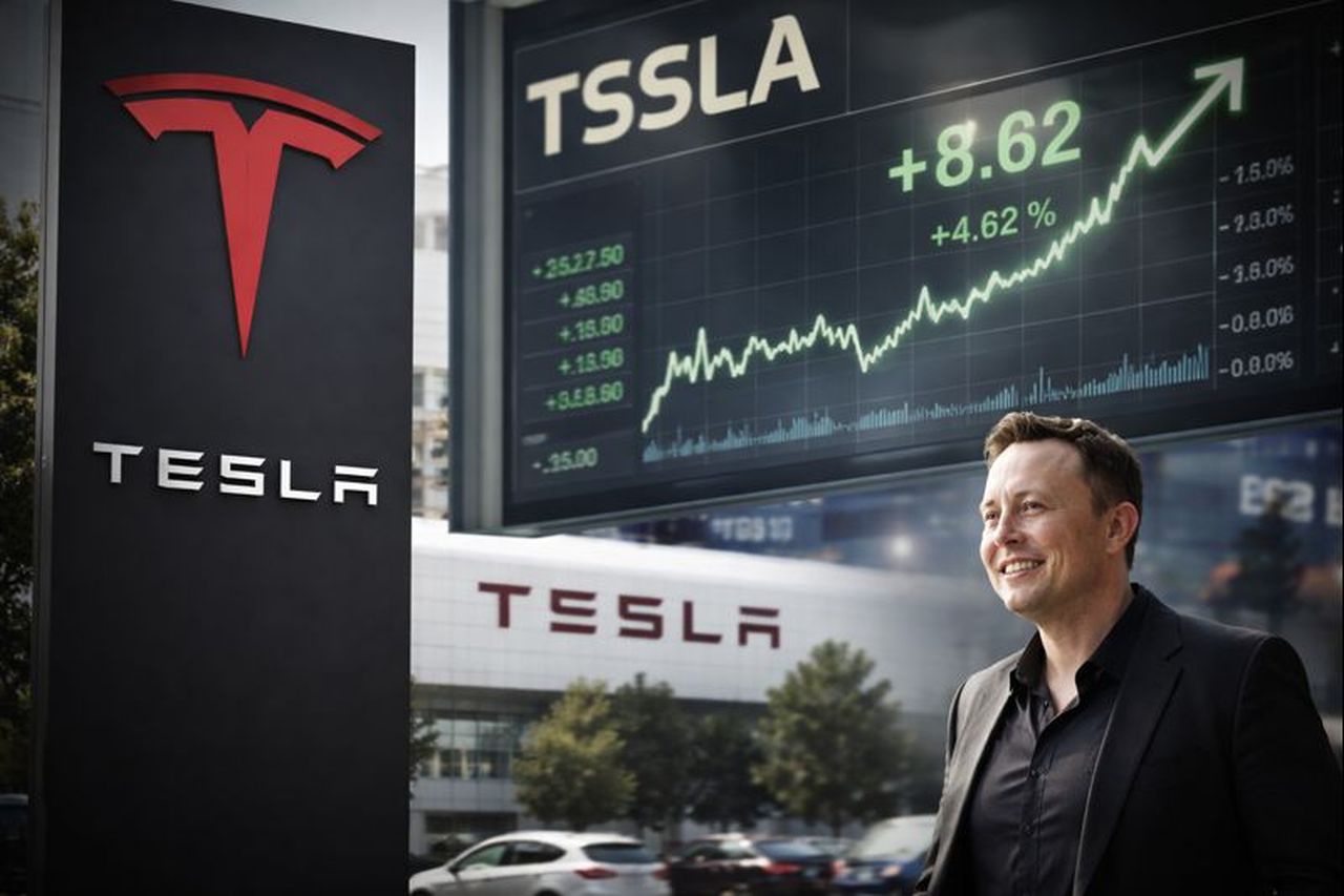 Logo Tesla in primo piano. Sullo sfondo un grafico finanziario e in basso un primo piano di Elon Musk