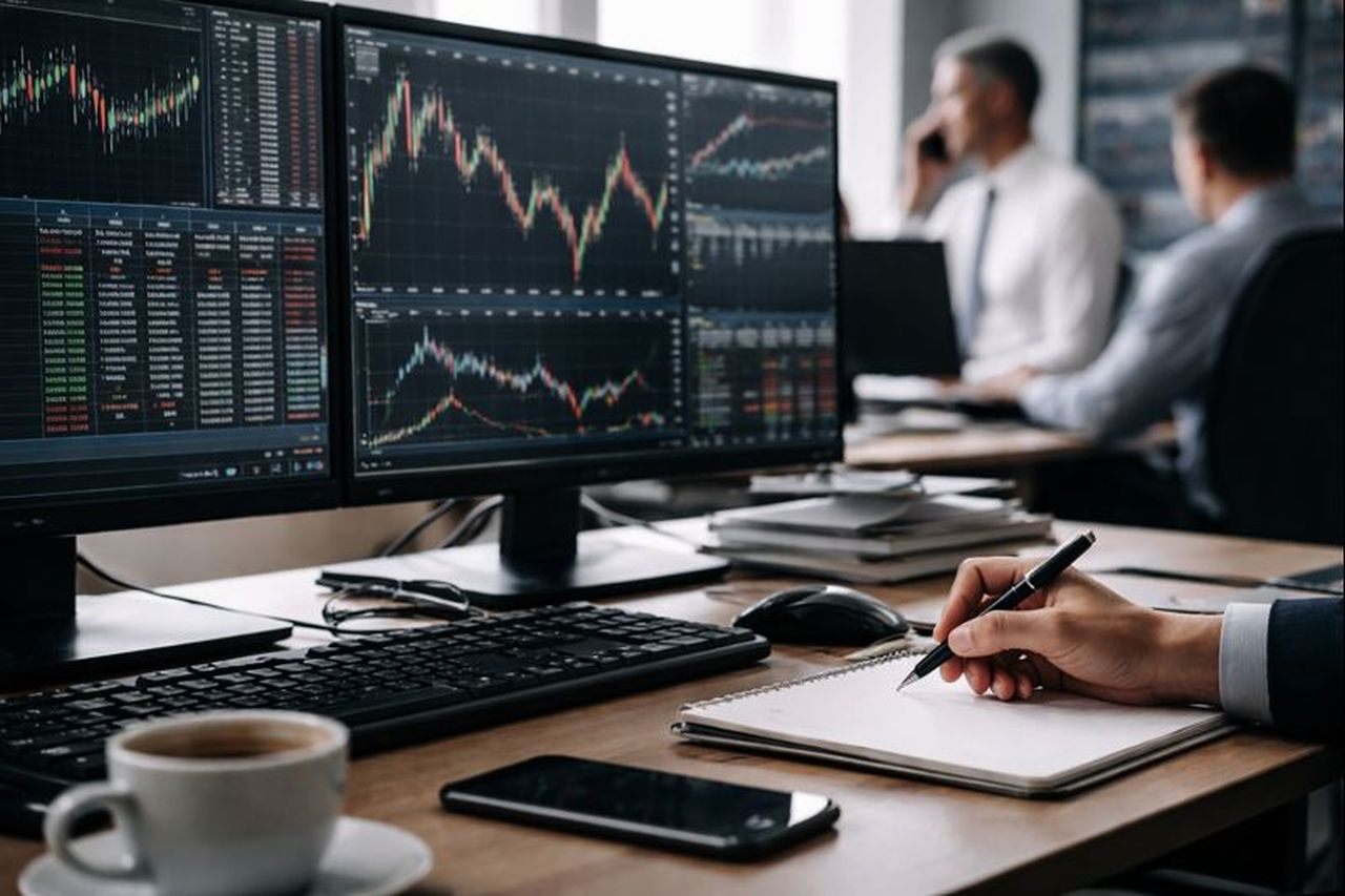 Una scrivania con alcuni schermi che mostrano dei grafici finanziari