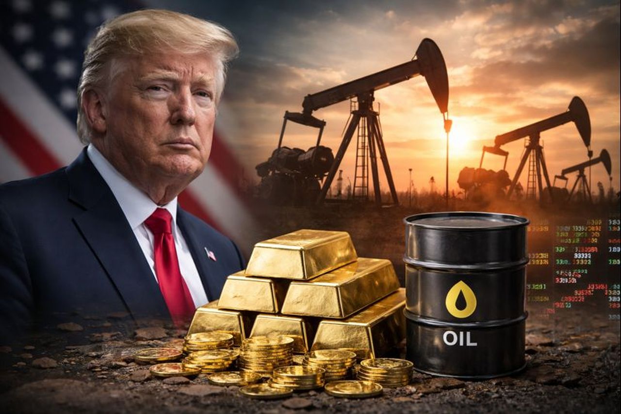 Primo piano di Donald Trump con lingotti d'oro, barili di petrolio e trivelle