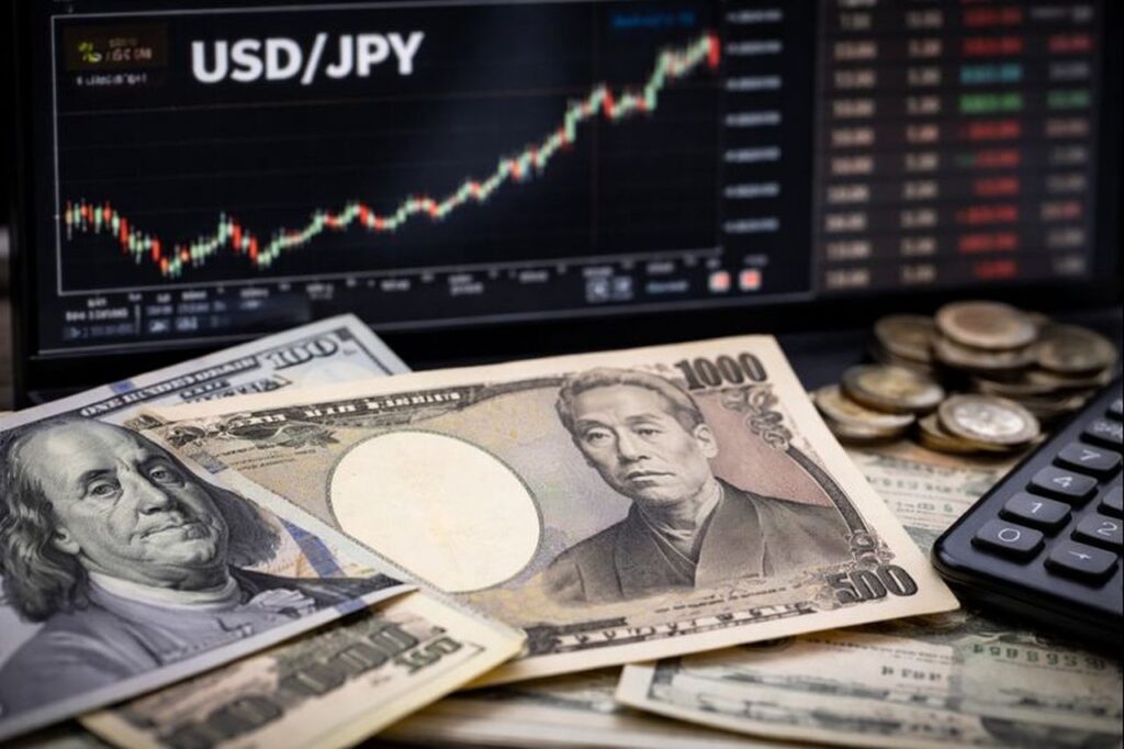 Alcune banconote in primo piano con un grafico finanziario sullo sfondo