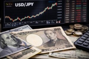 Alcune banconote in primo piano con un grafico finanziario sullo sfondo