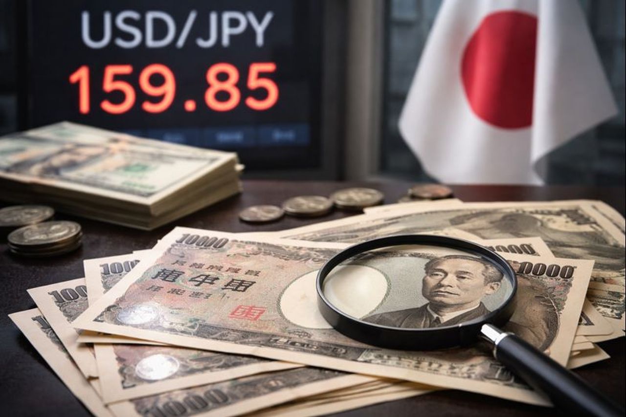 Banconote con una lente d'ingrandimento e uno schermo con la scritta USD/JPY sullo sfondo