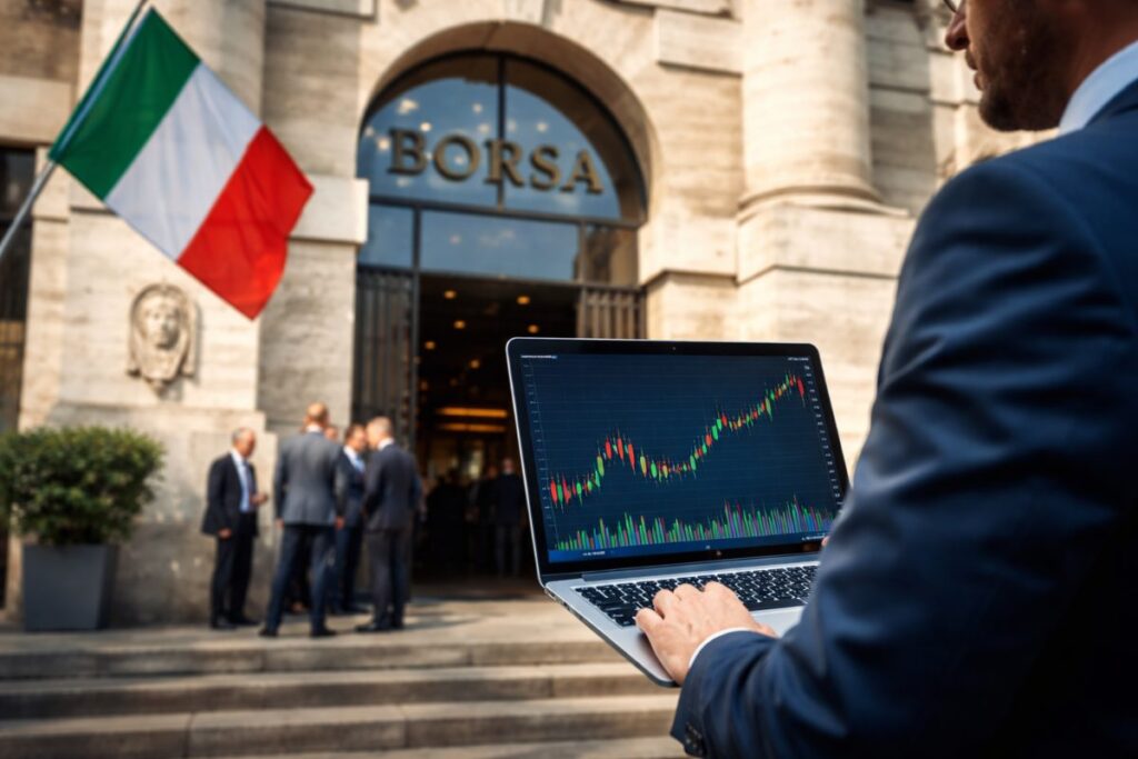 ingresso Piazza Affari e trader che opera con laptop