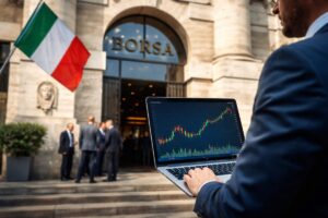 ingresso Piazza Affari e trader che opera con laptop