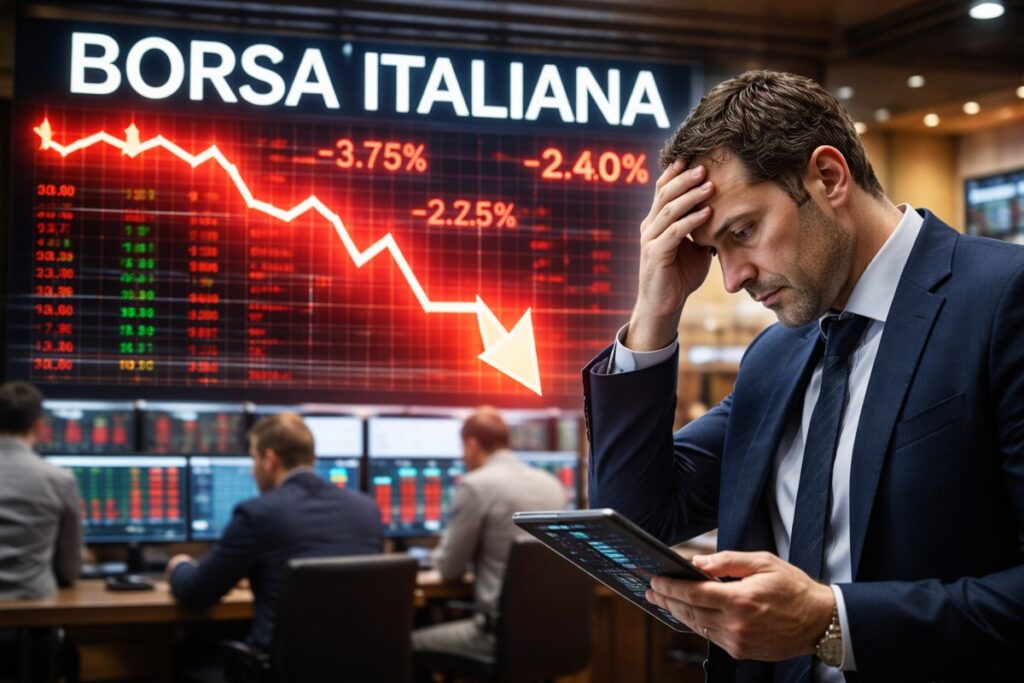 trader preoccupato e grafico borsa in calo
