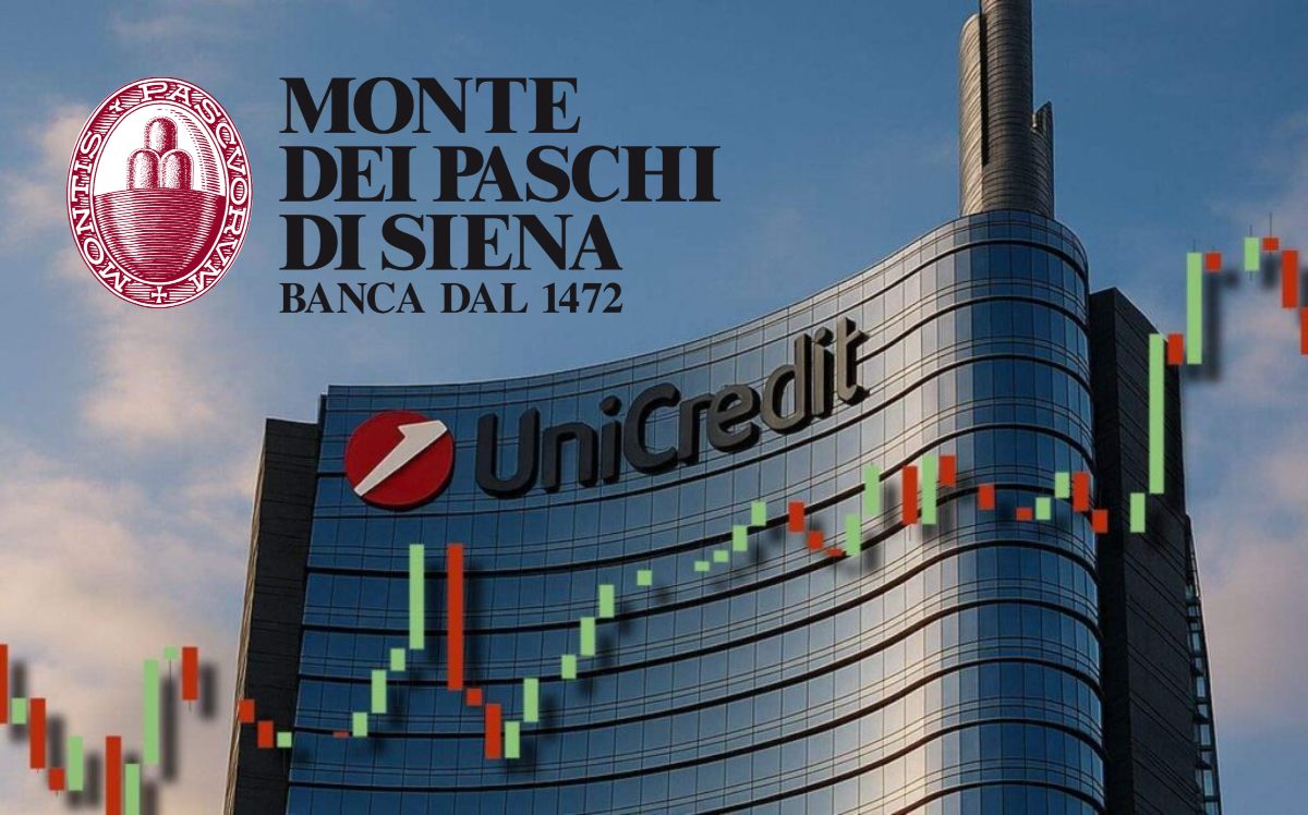 grafico a candele e loghi MPS e Unicredit