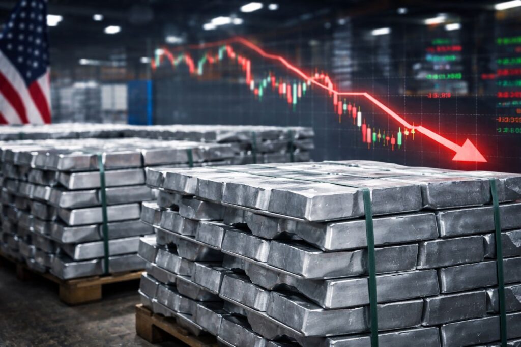 Delle pedane con lingotti di alluminio e dei grafici finanziari sullo sfondo