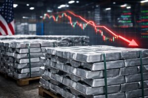 Delle pedane con lingotti di alluminio e dei grafici finanziari sullo sfondo