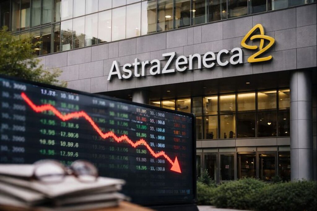 Un edificio con logo e scritta AstraZeneca sull'entrata. Un grafico finanziario in discesa in primo piano