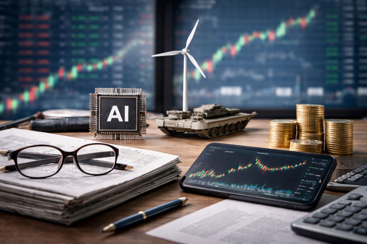 Una scrivania con diversi oggetti. Sullo sfondo dei grafici finanziari