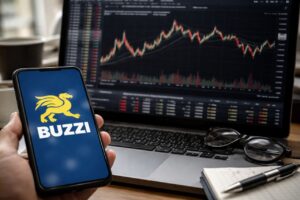 Lo schermo di un laptop che mostra un grafico finanziario. In primo piano il logo Buzzi sullo schermo di uno smartphone