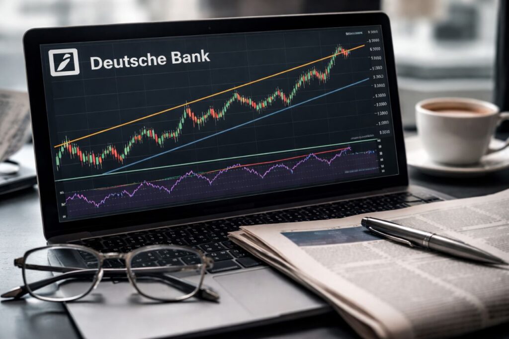 Lo schermo di un tablet che mostra un grafico finanziario e il logo di Deutsche Bank