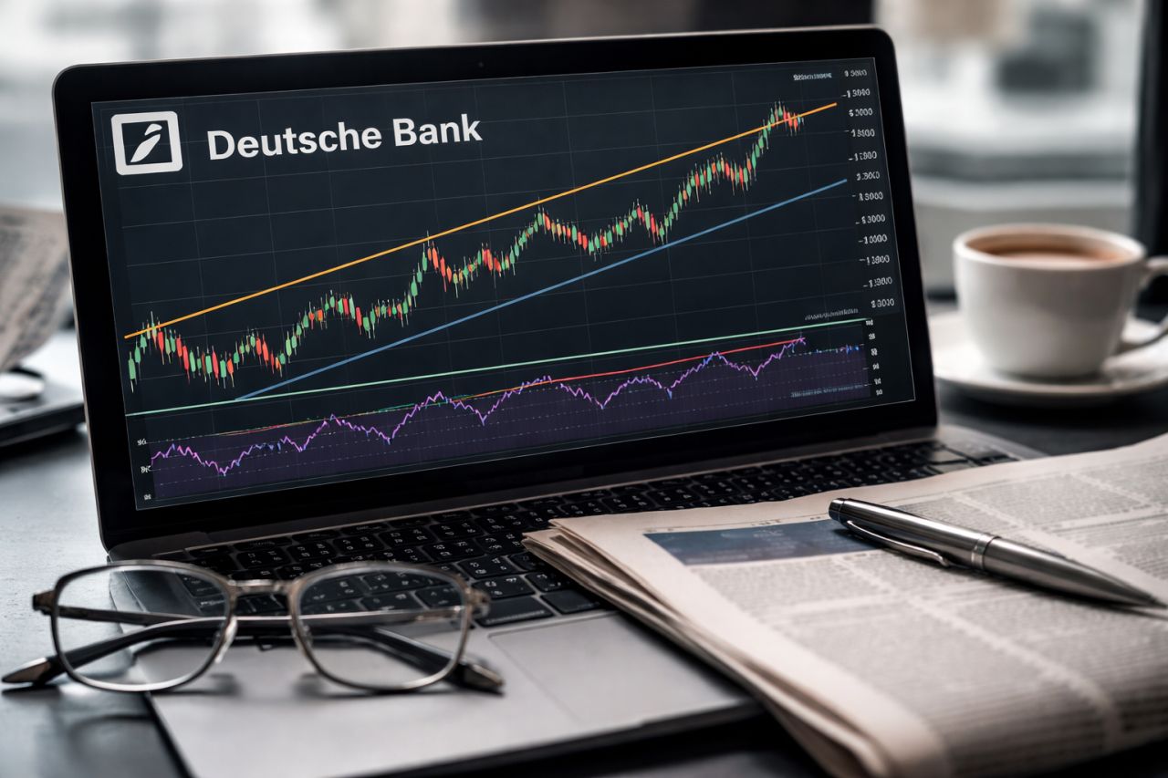 Lo schermo di un tablet che mostra un grafico finanziario e il logo di Deutsche Bank