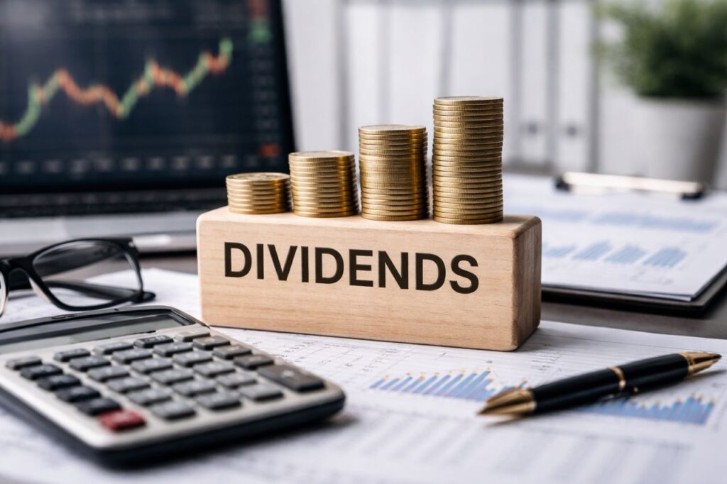 La scritta Dividendi su una barretta di legno poggiata su una scrivania insieme a calcolatrice, penna biro, occhiali da vista